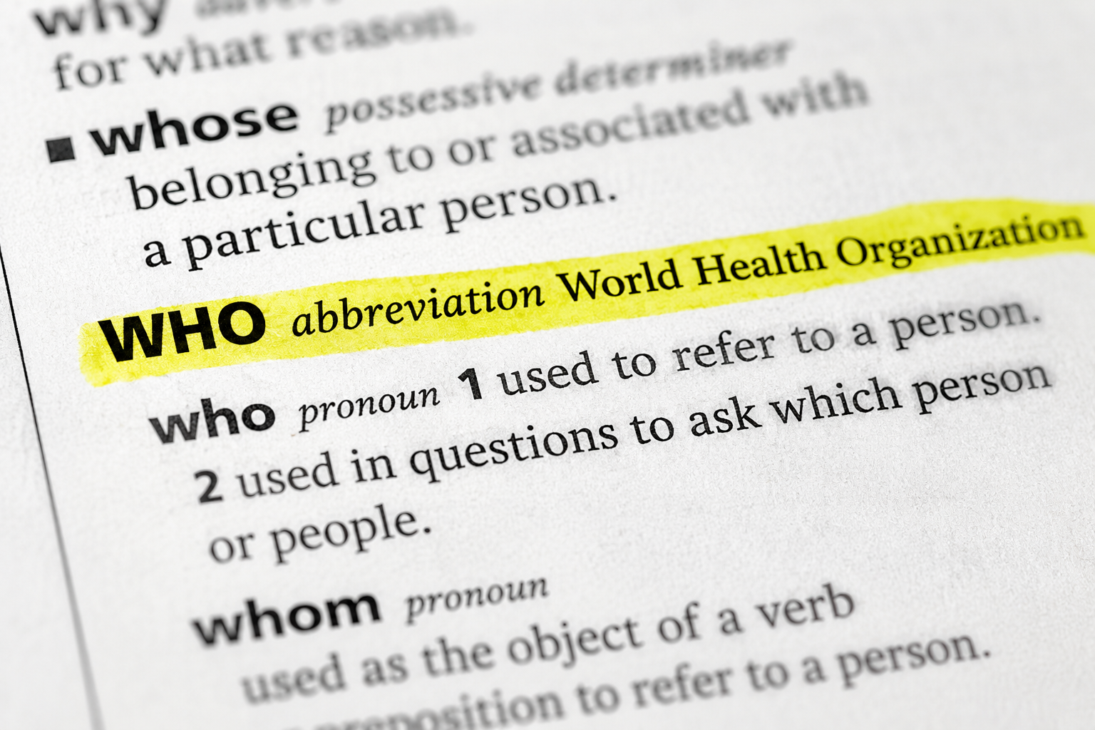 Dictionary page highlighting the WHO abbreviation and definition for World Health Organization