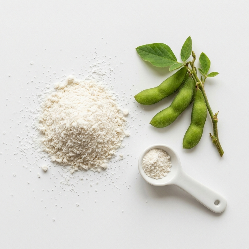 L-Tyrosine powder with fresh soybeans, the raw ingredient used to rebuild focus chemicals depleted during night shifts
