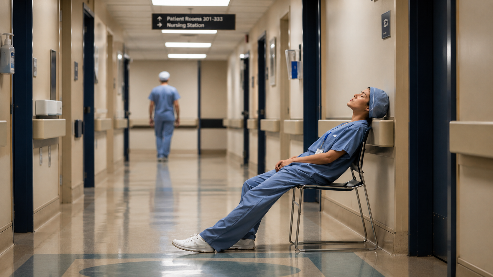 Exhausted nurse resting on a chair in a hospital corridor during a night shift