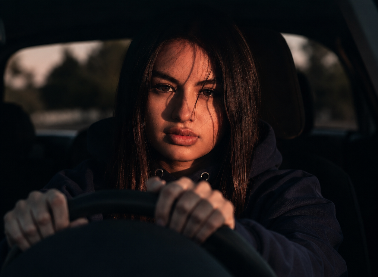Exhausted woman gripping a steering wheel in low light, illustrating the mental toll of sleep deprivation
