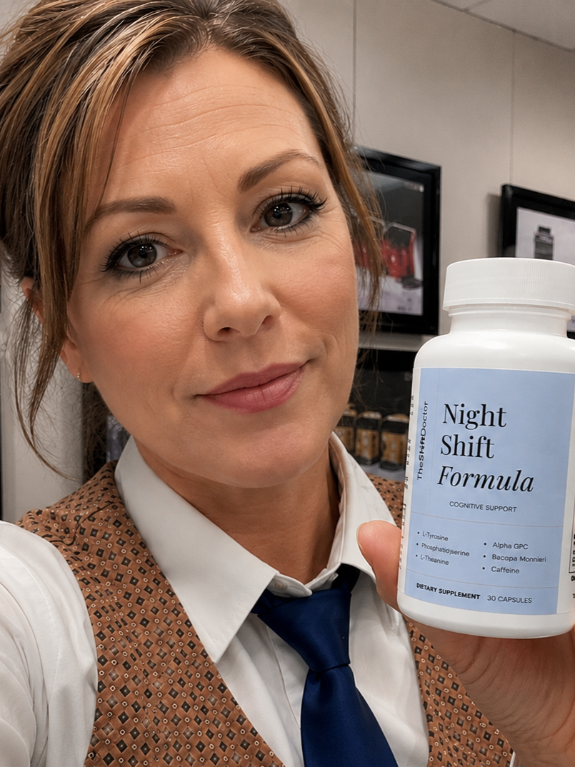 Louise in her work uniform holding a bottle of Night Shift Formula cognitive support supplement