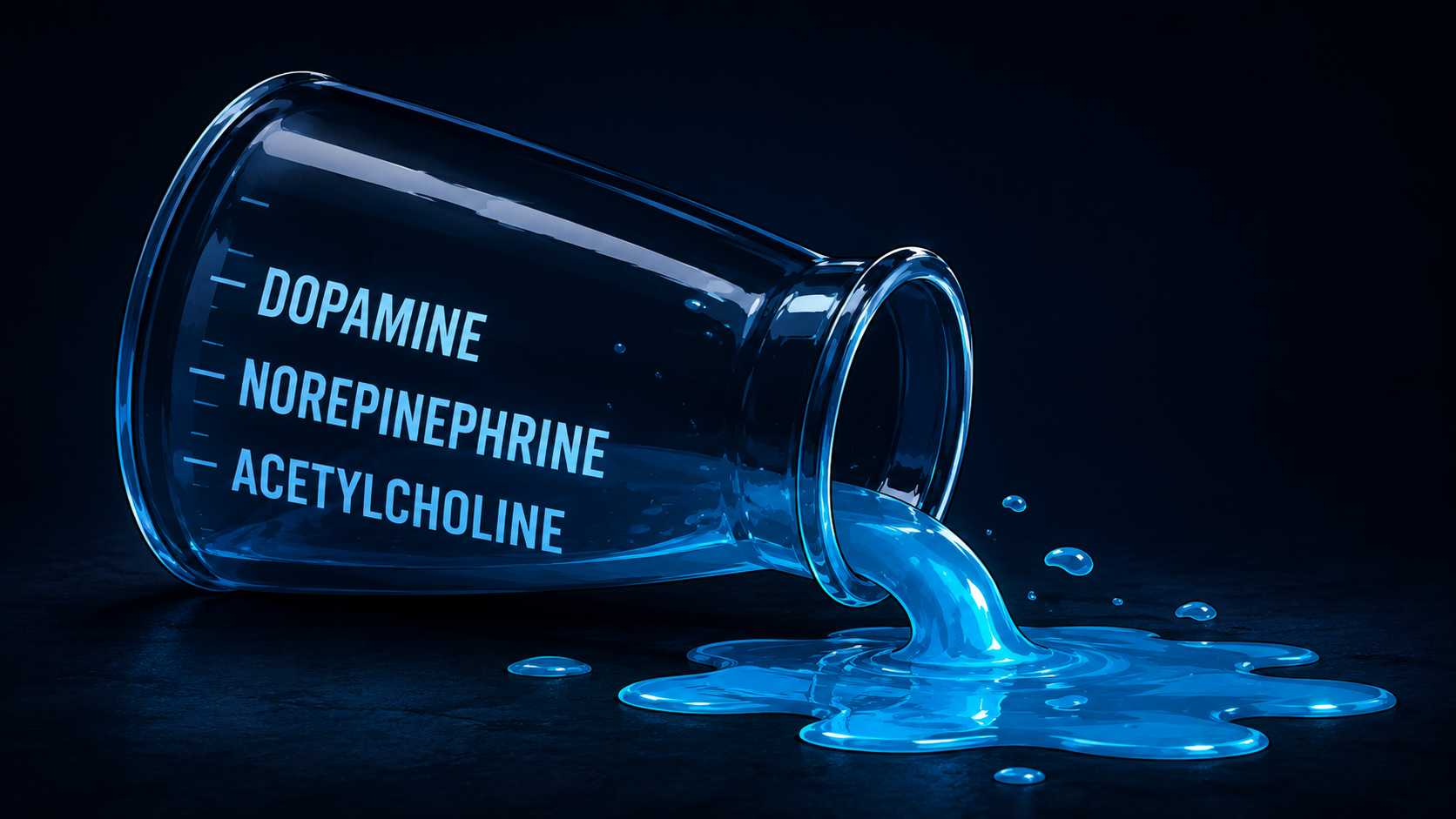 Glass beaker tipped over spilling glowing blue liquid, labeled with dopamine, norepinephrine, and acetylcholine, illustrating neurotransmitter depletion from night shift work