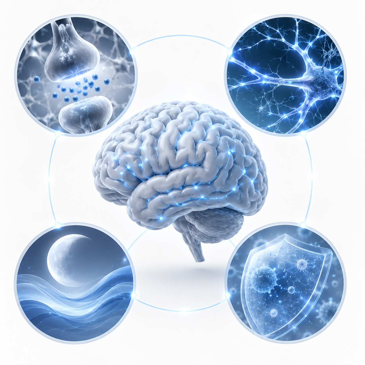Brain diagram showing four key needs for night shift workers: replace drained chemicals, sustain alertness, calm and switch off, and protect long-term brain health