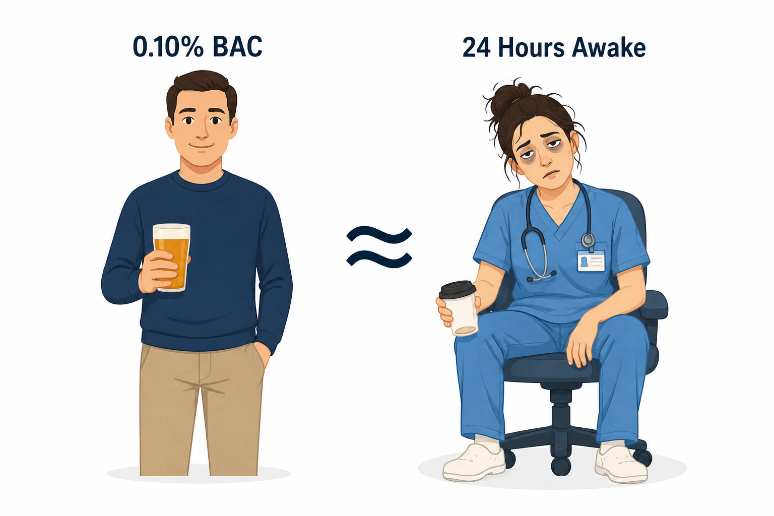Comparison showing that being awake for 24 hours produces cognitive impairment equivalent to a 0.10% blood alcohol concentration