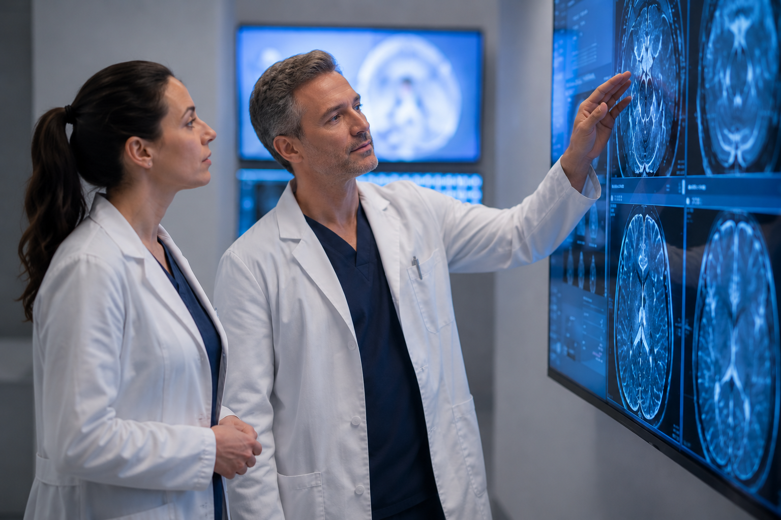 Two doctors in lab coats reviewing brain scan images on a large medical display screen