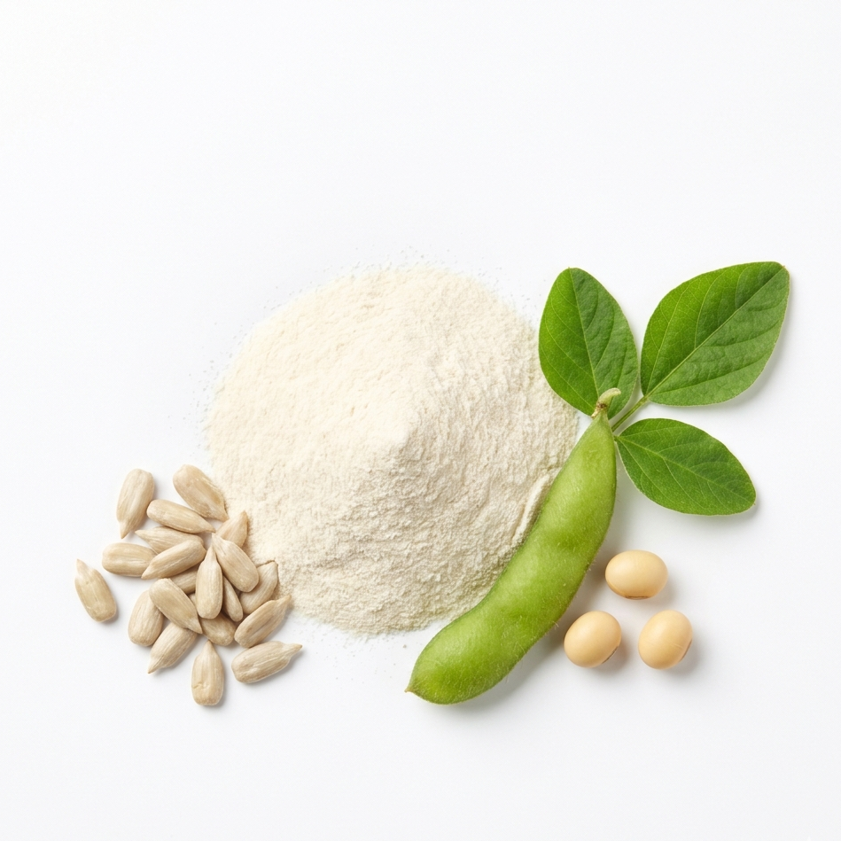 Phosphatidylserine powder with sunflower seeds and soybeans, ingredients that help calm the nervous system after a night shift