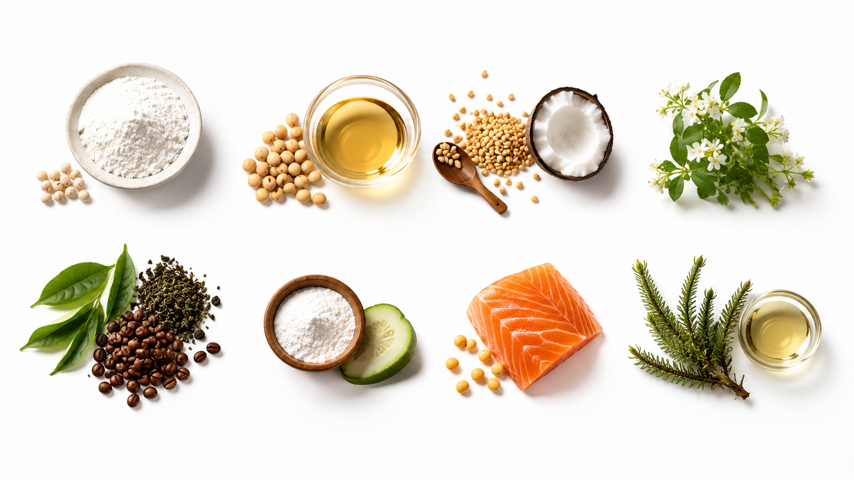 Flat lay of natural supplement ingredients including magnesium, L-theanine, omega-3 rich salmon, herbs, and amino acids