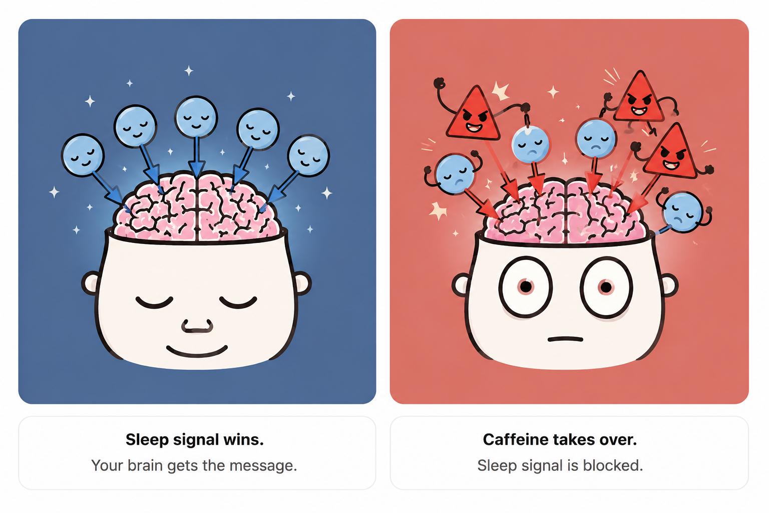Split illustration showing a calm brain receiving sleep signals versus a stressed brain with caffeine blocking those signals
