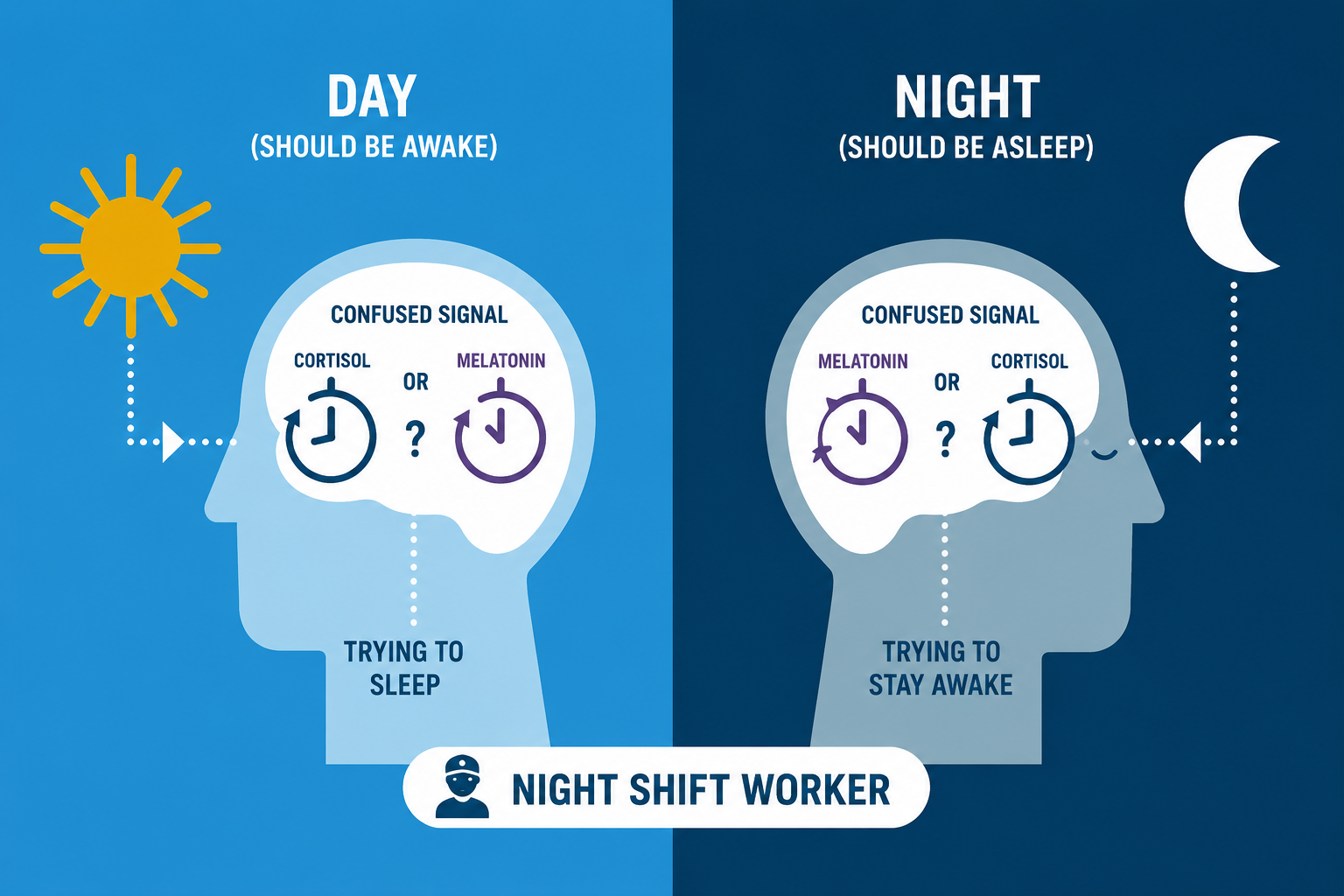 Diagram showing how night shift work confuses the body's circadian signals, with day and night hormone clocks reversed