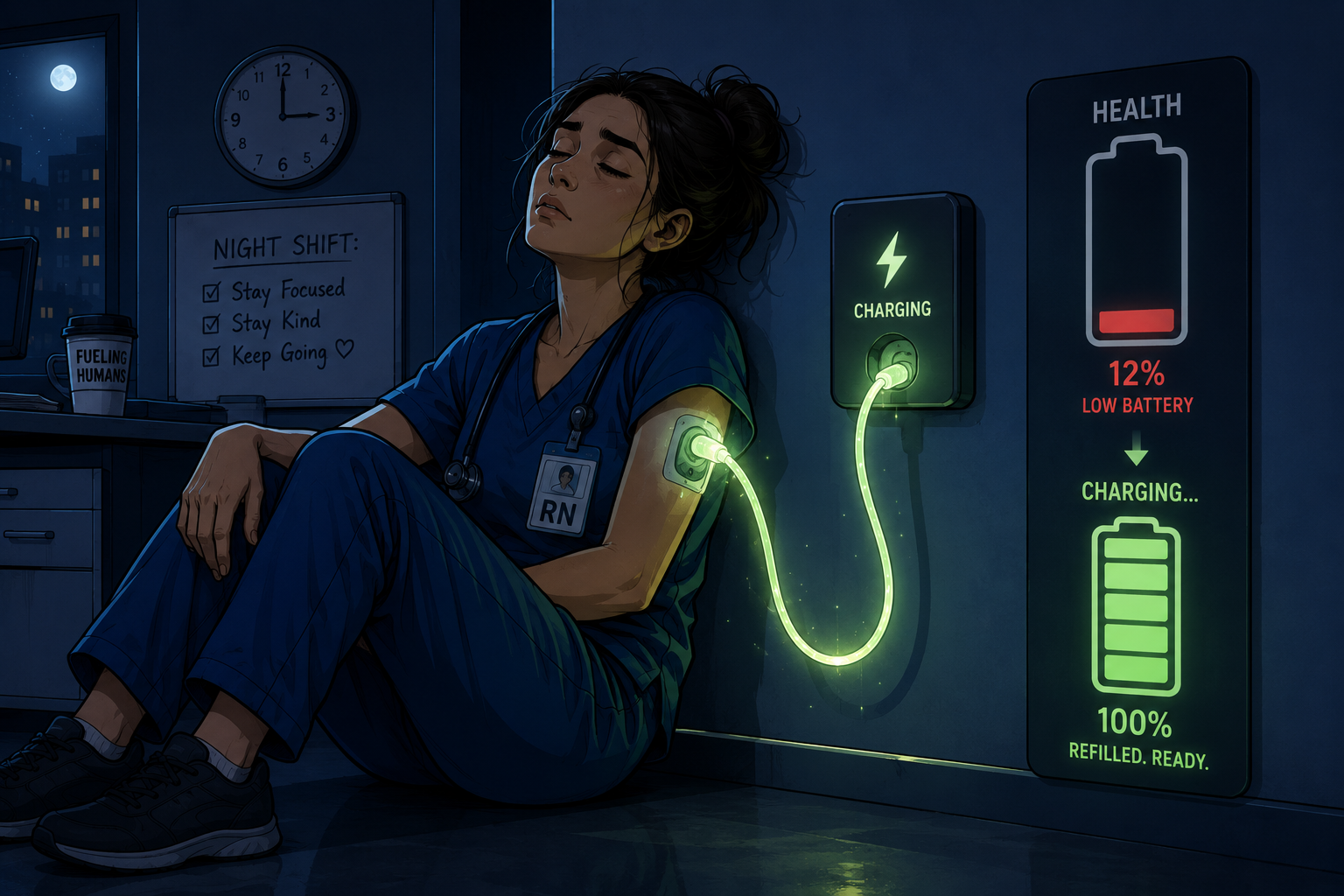 Exhausted night-shift nurse connected to a glowing health charger, battery refilling from empty to full