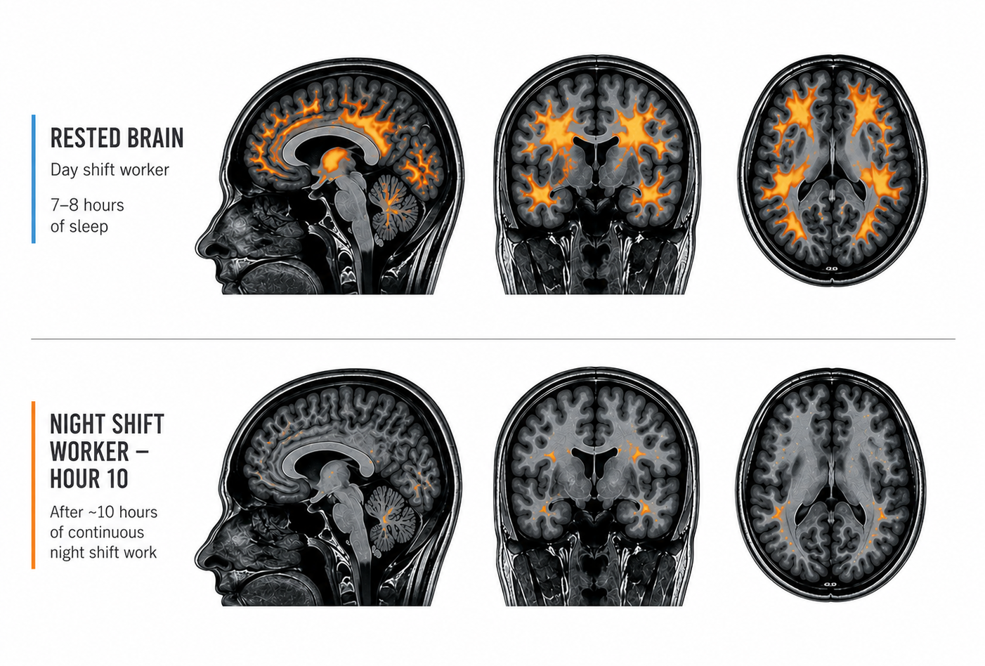 Brain scan comparison showing reduced neural activity in a night shift worker after 10 hours versus a rested day shift brain